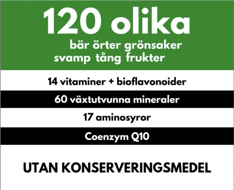 Mineralstationen innehåll 120 olika ingrediensernas, 17 aminosyror, 14 vitaminer, 60 växtutvunna mineraler, bioflavonoider, coenzyn Q10